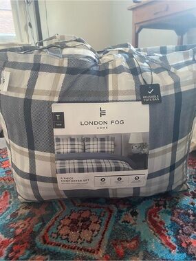 London Fog Plaid Twin Comforter Set in Blue and Cream